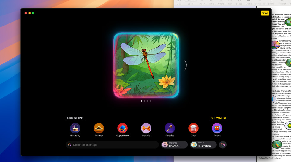 Génération d’une image de libellule avec la fonctionnalité Image Playground d’Apple Intelligence