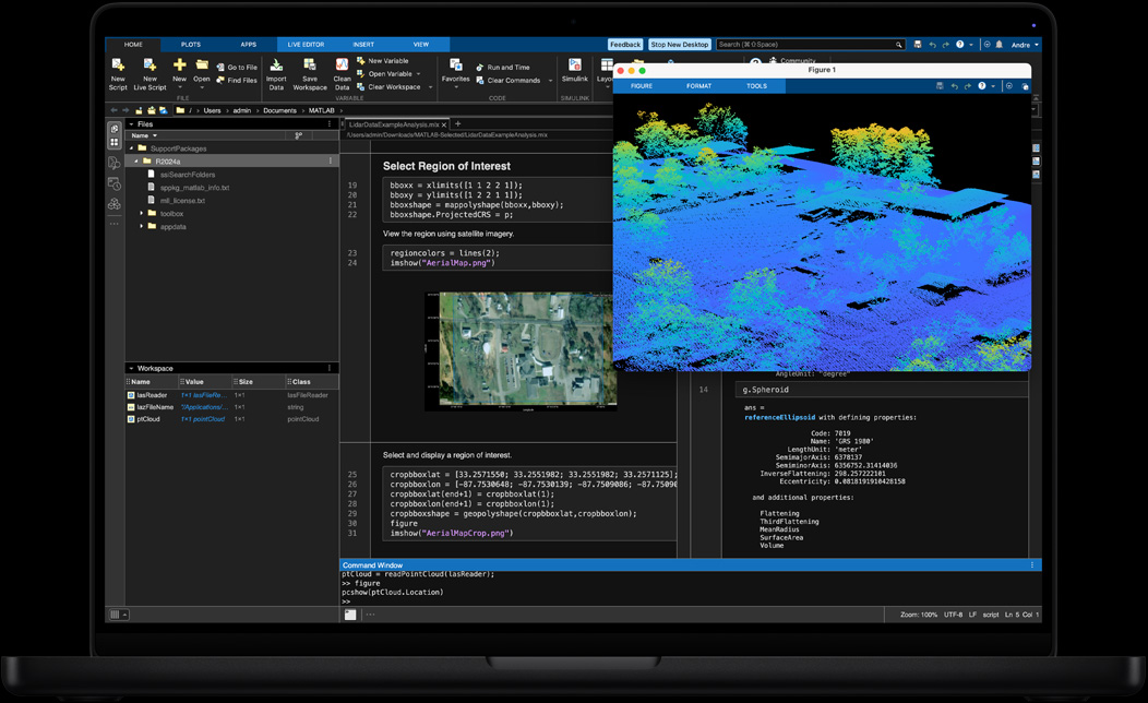 Pantalla de una MacBook Pro en la que se está usando MATLAB para procesar y visualizar datos geoespaciales