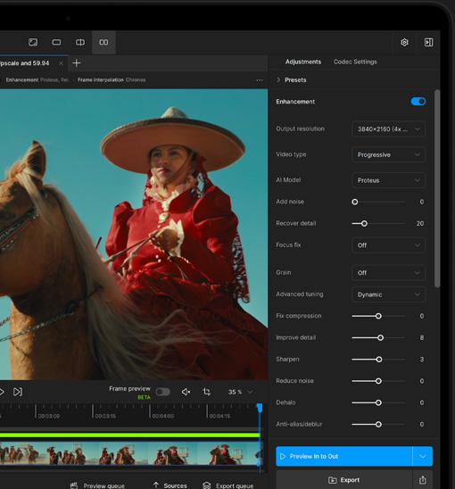 Pantalla de un MacBook Pro que muestra un video siendo mejorado con IA en Topaz Video