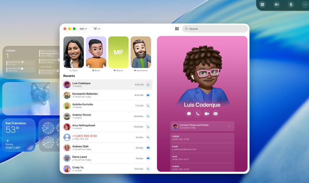 MacBook Pro, app Teléfono abierta, se muestra un contacto de una llamada reciente