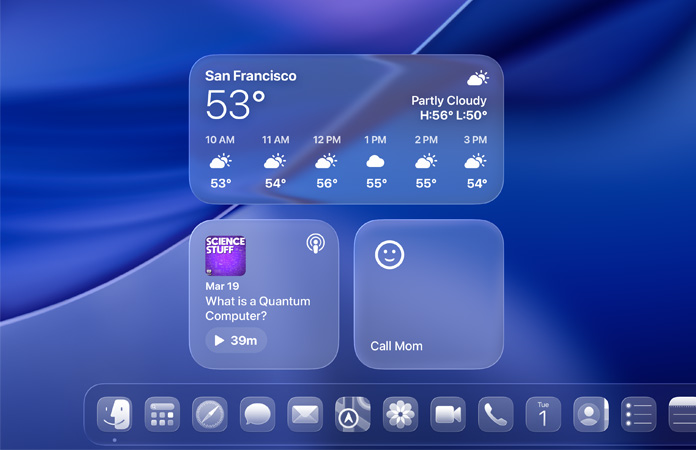 Los widgets Clima, Podcasts y Recordatorios con diseño Liquid Glass en la pantalla de macOS Tahoe