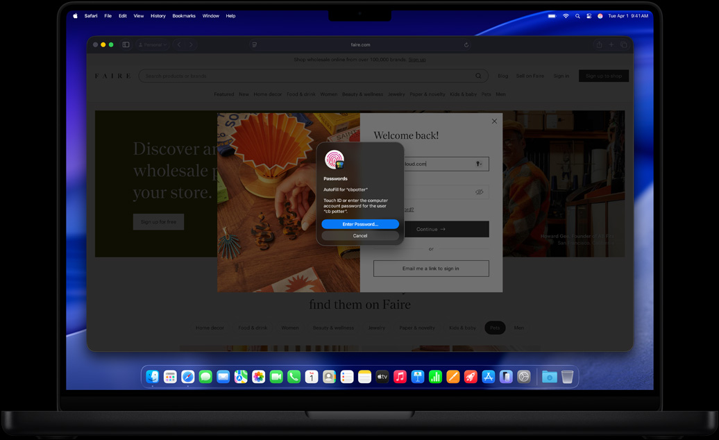 Mientras alguien navega en Safari, aparece un mensaje que invita a usar Touch ID para iniciar sesión en un sitio web
