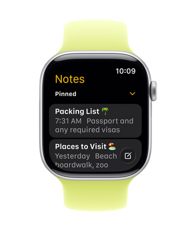 Apple Watch Series 11, das Zifferblatt zeigt die Notizen App mit zwei angepinnten Notizen