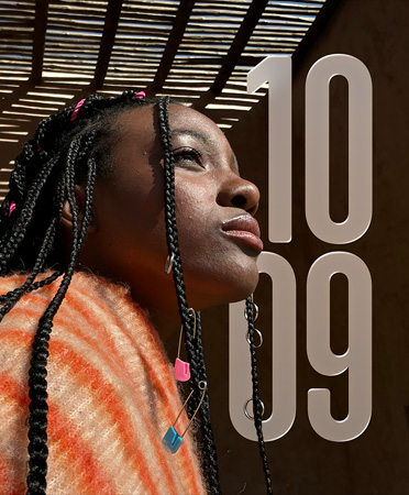 Photo of person on left, translucent time numerals stacked on right, neatly tucked behind the person showcasing Photos face