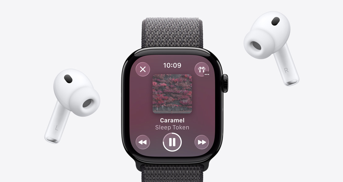 AirPods Pro 3, Weiss, Ohreinsätze aus Silikon, Apple Watch Series 11, Aluminiumgehäuse, Farbe poliertes Diamantschwarz, Apple Music spielt etwas