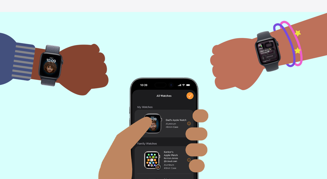 Illustration von zwei Kinderhänden mit einer Apple Watch SE 3, einer Erwachsenenhand, die ein iPhone 17 hält