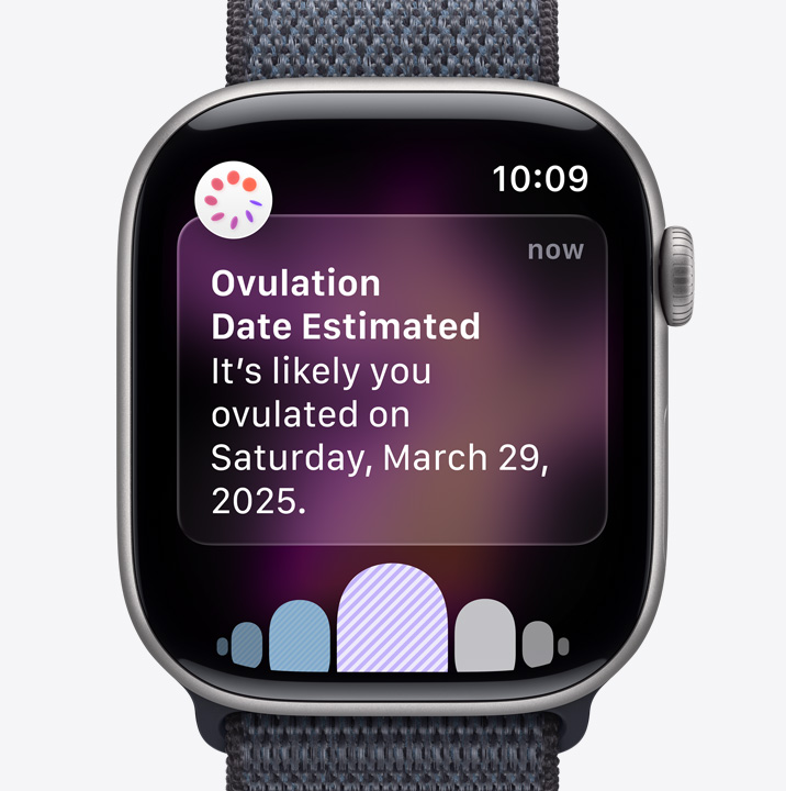 Apple Watch Series 11, Farbe Space Grau, Aluminiumgehäuse, Mitteilung vom Zyklusprotokoll in der Health App zum geschätzten Ovulationsdatum, Digital Crown, Sport Loop, Farbe Dunkelgrau