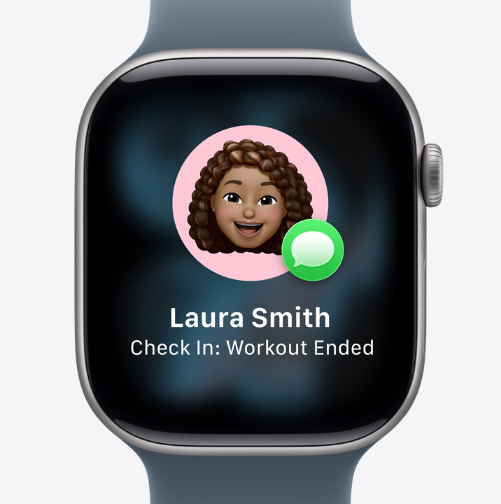 Apple Watch Series 11, aluminum case, silver color, Check In prompt, notification that friend finished their workout, Sport Band, anchor blue color