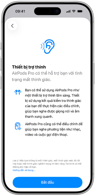 Màn hình giới thiệu về tính năng Thiết Bị Trợ Thính