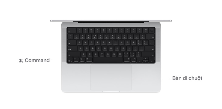 Mặt trên của MacBook Pro 14" với các đường thể hiện vị trí của phím Command và bàn di chuột.
