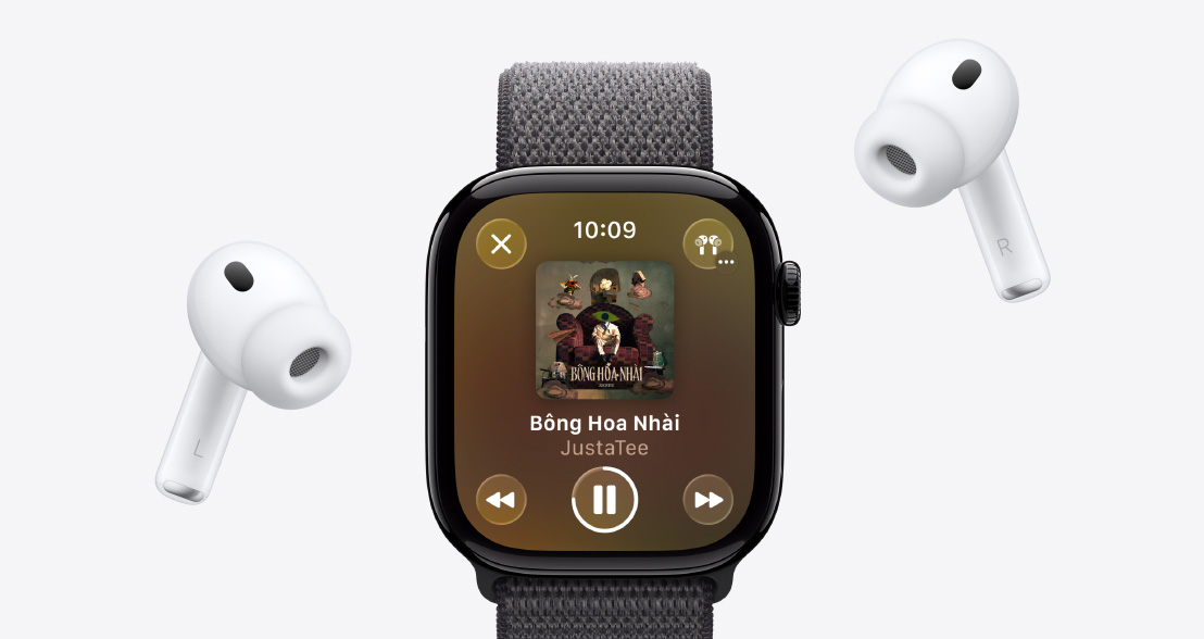 AirPods Pro 3, white, silicone tips, Apple Watch Series 11, aluminum case, polished jet black color, Apple Music playing, Sport Loop, dark gray color